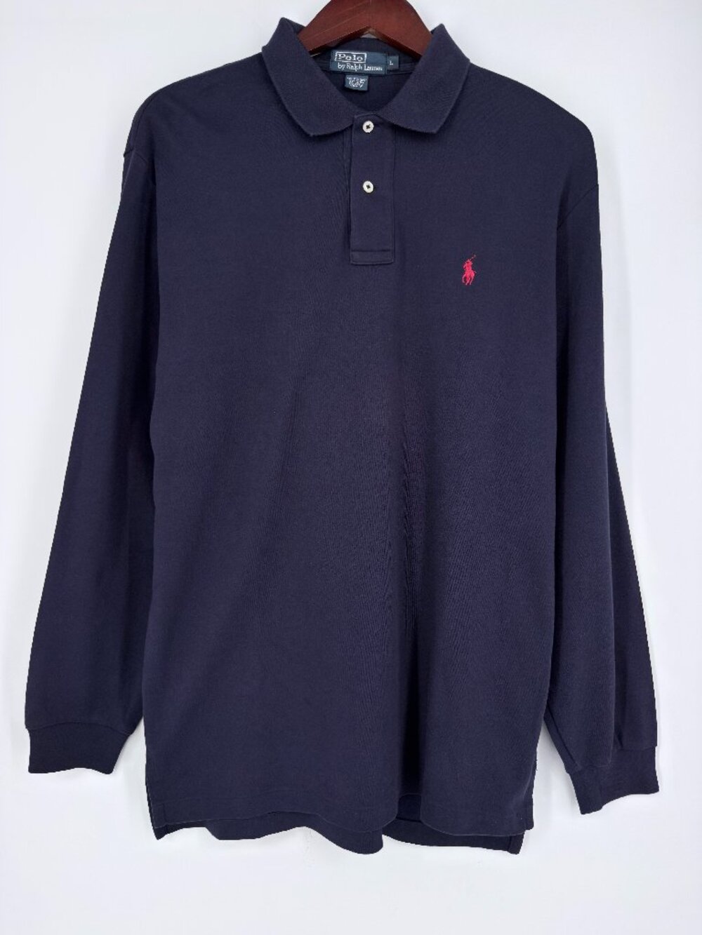 Polo Ralph Lauren Mens Large Long Sleeve Pique Polo Shirt Navy Blue Red Pony